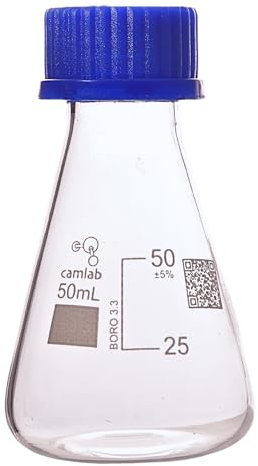 Camlab Graduated 3,3 Borosilicate Glass Conical Flask, With Screw Cap and Liner, Erlenmeyer, Chemically Resistant and Heat Resistant, 50ml Glass Beaker, Pack of 1