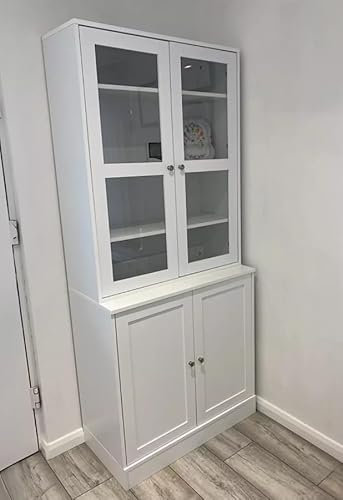 Large Kitchen Pantry Modern White Display Glass Storage Cabinet Kitchen Room Larder Dresser 4 Door Cupboard Shelving Unit Tall Bookcase Shelf Furniture