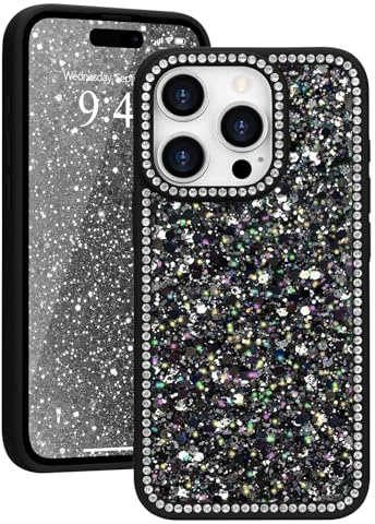 Ethanger Glitter Rhinestone Crystal Case for iPhone 15 Pro Max, Black | Glamorous Sparkling Back, Aesthetic Bling Diamond Cover, for Women Girls, Shockproof Protective Phone Case