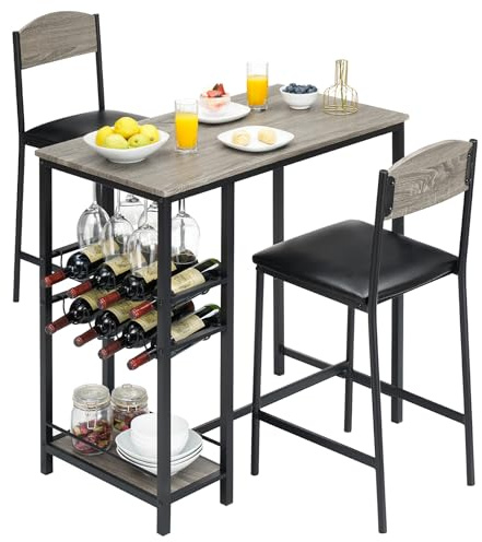 Garvee Bartisch Set 3-Teilig, Tresentisch Mit 2 Barhocker, Esstisch Mit 1 Ablagen & 2-Stufigem Weinregal & Glashalter, Essgruppe 2 Personen Industriedesign, Grau