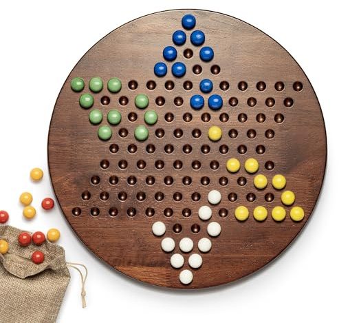 Lingle Chinesisches Dame-Set, 31,8 cm großes, stabiles Holzbrett mit 60 sechsfarbigen Glasmurmeln, EIN klassisches Strategie-Familienbrettspiel für 2–6 Spieler