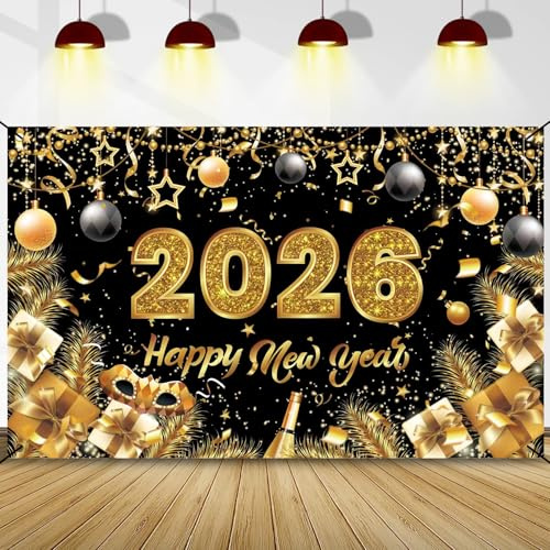 Silvester Banner Deko 2026, 180x110cm Happy New Year Backdrop, Frohes Neues Jahr Dekorationen, Glänzend Schwarz Gold Feuerwerk Muster, Photo Booth Hintergrund Poster für Neujahr Party Supplies