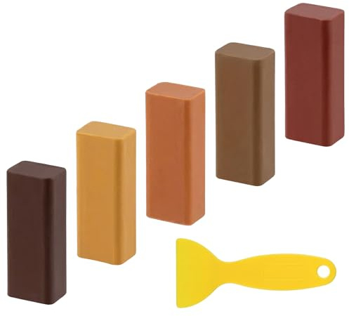 5PCS Wax Filler Wood Repair Sticks with Scraper, Furniture Repair Kit | Walnut, Oak, Cherry, Walnut and Mahogany Wood Filler Sticks for Floor Table Door Stain Scratche Hole, Blend to Colour Match