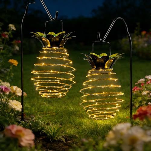 Garten Solarlampen für Außen Hängend - 2 Stück Solar Ananas Lichter für Außen Deko, Wasserdicht Solar Laternen, Solarleuchten Gartendeko für Wege, Höfe, Pathway, Yard, Terrassen, Garten Deko