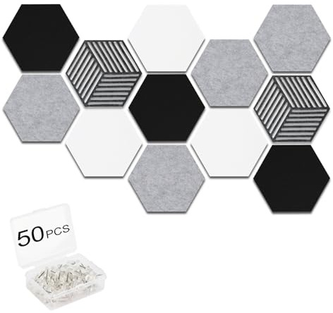 Acidea 12 Stück Filz Pinnwand Sechseckig, Selbstklebend Memoboard für Wand | Korkwand-Alternative aus Filz, Moderne Pinnwand mit 50 Reißzwecken, für Fotos, Memos, Wanddekoration, Foto-Display-Tafel