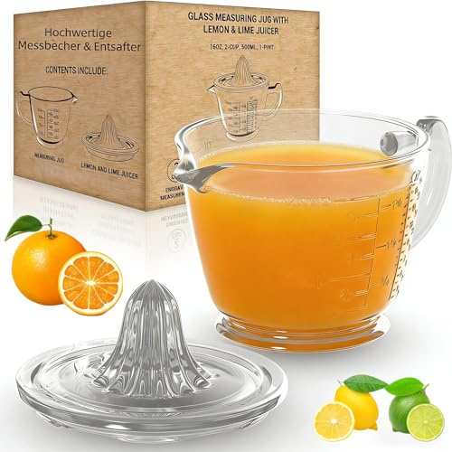 ALYBSOO Vaso medidor de cristal prémium con exprimidor de limones y limas, 500 ml, 2 tazas, sin BPA, apto para lavavajillas