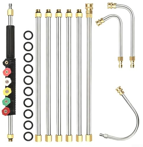 High Pressure Washer Extension Wand 24ft, 10-Piece Telescopic Lance Kit with Brass & Stainless Steel Nozzles, M22 14mm Quick Connect, 4000 PSI Heavy Duty for Roof Window for CARAVAN Car Cleaning