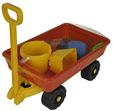 Simba 107130802 - Hand-Sandwagen, 7 Teile, Handwagen 100kg Tragkraft, Eimer, 2X Sandform, Schaufel, Rechen, Gießer, 47x30cm