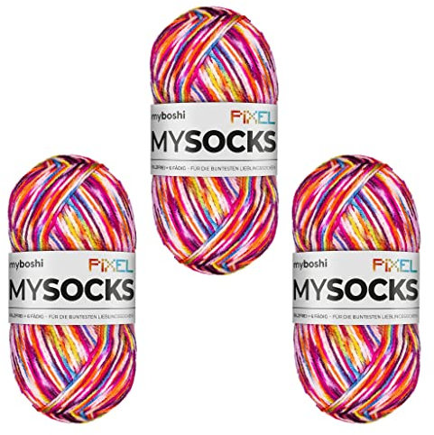 myboshi mysocks Pixel, 6-fädige Sockenwolle, strapazierfähig, Garn aus Schurwolle, filzfrei, 150g, Ll 390m Rot (Nova), 3 Knäuel