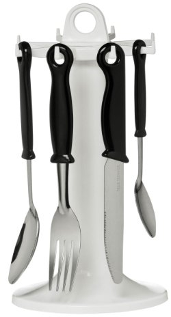 Cubertería de 24 piezas, con mango de plástico negro y material de acero inoxidable