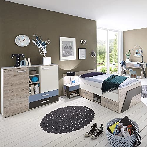 Lomadox Jugendzimmer Kinderzimmer Set, Sandeiche mit weiß, Lava blau, 90x200 Kojenbett, Schreibtisch, Nachttisch, Highboard