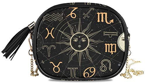 ALAZA Kleine Umhängetasche aus PU-Leder mit Horoskop-Kreis mit Sternzeichen, Sonne, Mond und Sternen, Handytaschen mit verstellbarem Kettenriemen und mehreren Taschen