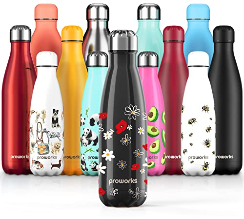 Proworks Performance Stainless Steel Sports Water Bottle | Double Insulated Vacuum Flask for 12 Hours Hot & 24 Hours Cold Drinks - For Home, Work, Gym & Travel - 500ml - BPA Free – Black Daisy