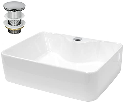 ECD Germany Lavabo Salle de Bain - 480 x 380 mm - en Céramique - Carré - Blanc - Lave-Mains Évier - Lavabo Vasque à Poser sur Meuble - Design Moderne - avec Kit de Vidange sans Trop-Plein