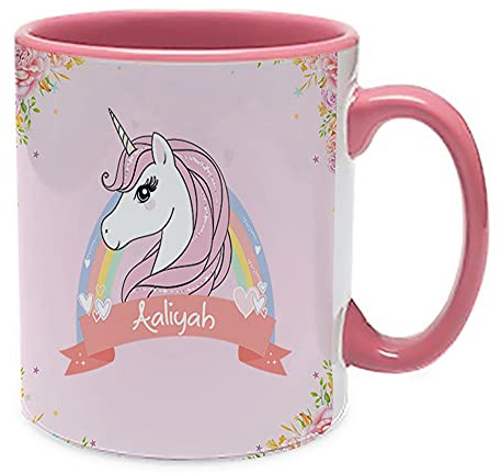 Personalised Floral Unicorn Magically Stars Any Name Funny Kids Birthday Gift Coffee Tea Mug Unique Inside Coloured Ceramic Mug. (Pink Inside Coloured and Handle)