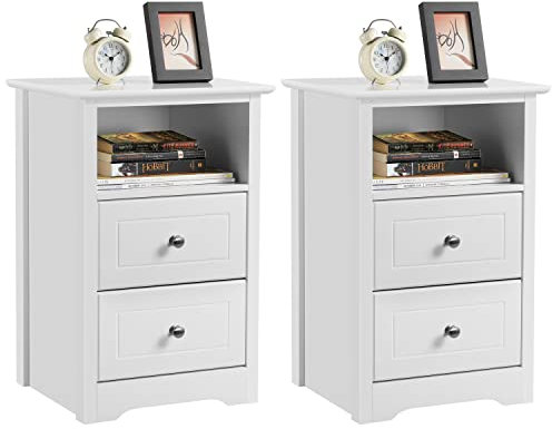 Yaheetech Tables de Chevet Lot de 2, Table de Nuit en Bois, 2 Tiroirs, 1 Compartiment, Tables d'Appoint, Chambre Salon Bureau Blanc