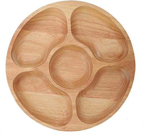 Wood Divided Plate, Wooden Round 5-Compartment Divided Plate Divided Dessert Dish Serving Trays Dessert Snack Sub-Grid Dish(25cm)