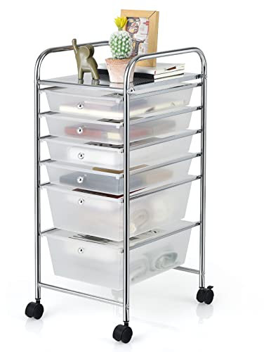 COSTWAY 6 Drawers Rolling Storage Cart, Home Office Stationary Utility Trolley with 4 Wheels, Multipurpose Mobile Organiser Shelving Unit for Makeup Beauty Salon (Clear)