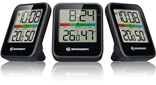 Bresser Thermometer Hygrometer Climate Monitor 3er-Set zum Aufstellen oder zur Wandmontage mit farbigem Raumklima-Indikator - 7,2 x 1,6 x 8 cm, schwarz