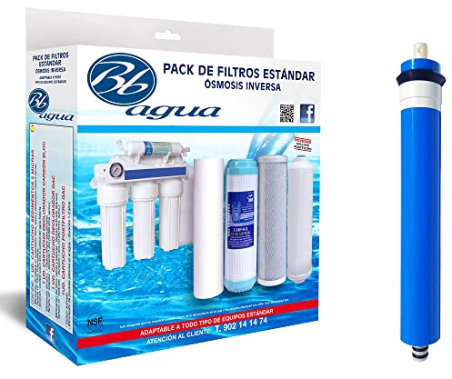 Membrana 50, 75 y 100 GPD + Pack de 4 filtros Estandar. 1 Filtro Sedimentos, 1 Filtro Carbón GAC, 1 Filtro Carbón Block y 1 Post Filtro de Coco Natural. Bbagua.