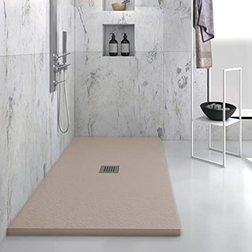 Yellowshop - Piatto doccia rettangolare marmoresina base 90 cm h 2,5 cm HEAVY Tortora con sifone, piletta e copripiletta inox (90x160 cm)