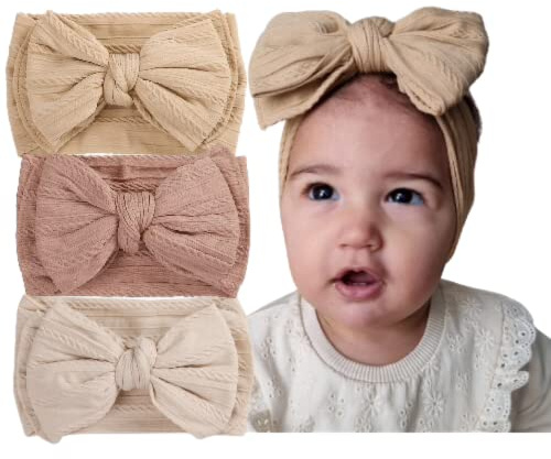Baby girl set of 3 bundle of oversized bow fine cable knit headbands nude colours suitable 6 months to toddler