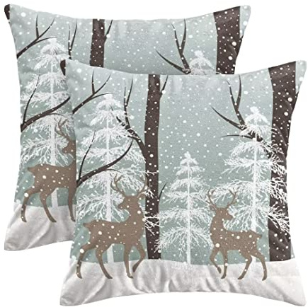 Winter-Hirsch-Kissenbezüge, 50.8x50.8 cm, 2er-Set, Winterlandschaft, Schneebaum, Wurfkissen, Bauernhaus, Baumwolle, Weihnachts-Kissenbezug für Couch, Sofa, Wohnzimmer, drinnen und draußen