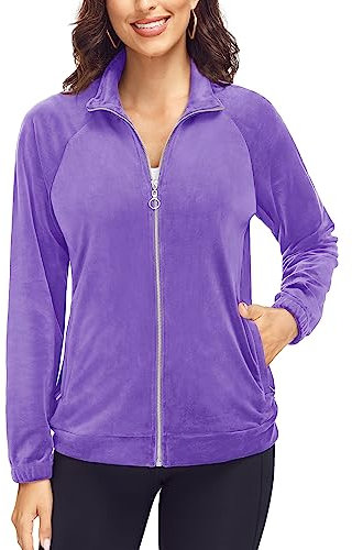 KEFITEVD Femmes Légère Fermeture Eclair Veste Col Montant Hauts Hiver Polaire Yoga Veste avec Poches,Violet Clair,M