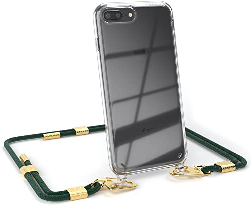 EAZY CASE - Handykette mit Karabiner kompatibel mit iPhone 8 Plus - Hülle Silikonhülle Fallschutz transparente Handyhülle Kette zum Umhängen Schutzhülle in Pinien Grün - Clips Gold