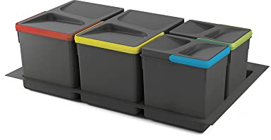EMUCA - Contenedores de reciclaje, 12 L + 12 L + 6L + 6 L, módulo 800 mm, Plástico, Gris antracita, 4 ud. + Base