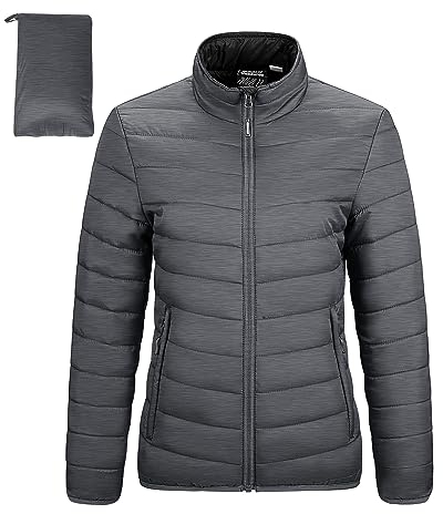 Outdoor Ventures Womens Winter Lightweight Jacket Warm Short Packable Puffer Jacket Transitional Padded Jacket Quilted Jacket for Ladies Lined for Hiking Travel, Dark Grey Heather L