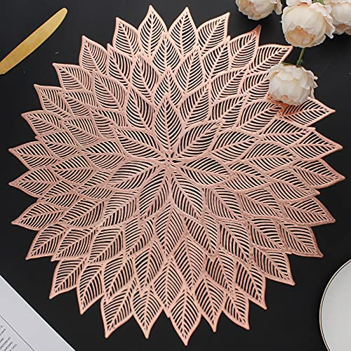 Platzsets, rund, ausgehöhlte Blumen, Platzsets für Esstisch, gepresstes Vinyl, blühendes Blatt, Tischsets für Urlaub, Party, Hochzeit, Akzent, Tafelaufsatz, Abendessen, Tischdekoration (Roségold)