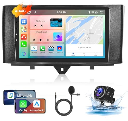 Podofo Autoradio für Mercedes-Benz Smart Fortwo 2011-2015 mit Wireless Carplay Android Auto, 9-Zoll IPS Touchscreen, 8 Core 4+64G, Bluetooth Autoradio mit WiFi/Mirror Link/GPS+Rückfahrkamera