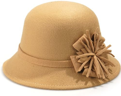 MESU Damen Filz Cape Hut Floral Fedora Cape Hut 1920er Jahre Bowling Retro Kamelfarbe