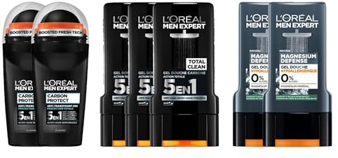L'Oréal Men Expert - Routine Gel Douche & Déodorant Homme - 3x Gel douche Action Totale, 2x Gel Douche Magnesium Defense, 2x Déodorant Carbon Protect