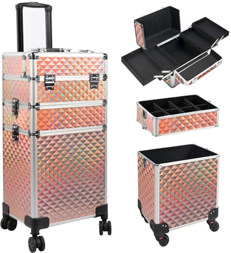 Kalolary 3-in-1 Professional Rolling Makeup Trolley Beauty Cosmetics Vanity Organizer Box Beauty Case On Wheels Storage Case for Artists Beautician (Colorful)
