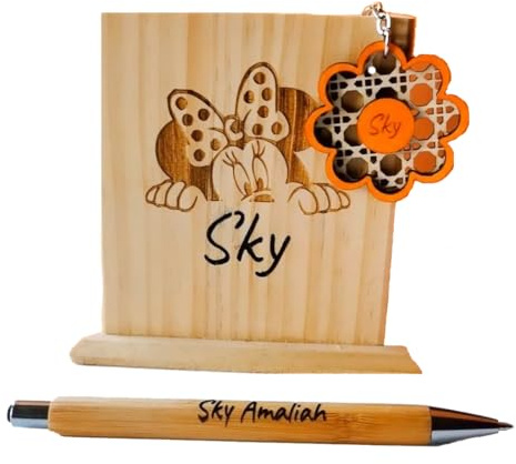 Générique Cadeau Anniversaire en bois personnalisé pour Enfant - Porte Clé + Stylo en bois + Pot à crayon