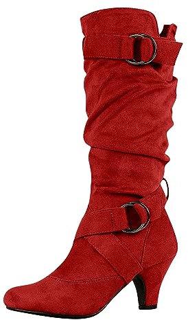 Stivali Invernali Donna Cavalier a Mezza Polpaccio Con Lacci In Pelle Scamosciata, Alti Tacchi Spessi, Rosso, 37 EU Ancho