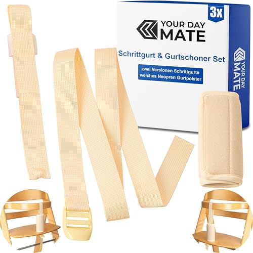 Schrittgurt mit Gurtschoner Set für Hochstuhl, 3 Pack, in Beige, zwei Gurtriemen kompatibel mit Hauck Alpha Beta, Stokke Tripp Trapp, roba, Kinderkraft, usw., weiches Neopren Gurtpolster Kinderstuhl