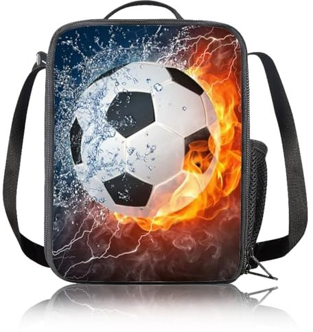 HIULLEN Football Lunch Box Bag Boys Girls, 3D Football Insulated Lunch Bag Kids, Reusable Cooler Warm Lunch Tote with Bottle Holder, Lunch Organizer for School Camping Travel Picnic