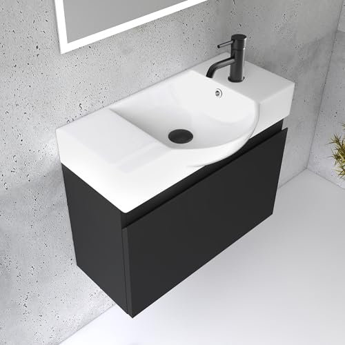 Alpenberger Juego de muebles de baño | lavabo con armario bajo 55 cm de ancho | armario de baño estrecho | mueble de baño pequeño | armario bajo lavabo negro
