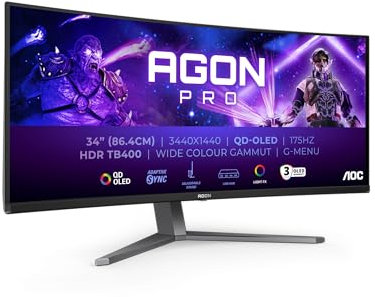 AOC Agon PRO AG346UCDAM - Monitor gaming curvo OLED WQHD da 34 pollici, 175 Hz, 0,03 ms, FreeSync Premium Pro, comp. G-Sync, HDR400 3440x1440, 2x HDMI, DisplayPort, Hub USB nero, QD-OLED