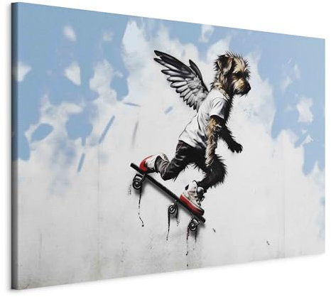 murando - Wandbilder XXL Banksy art 120x80 cm 1 tlg - Wand Deko Leinwand Bilder Groß Wanddeko Wohnzimmer Schlafzimmer Kunstdrucke - Abstrakt Tier Hund auf einem Skateboard mit Flügeln g-H-10082-b-a