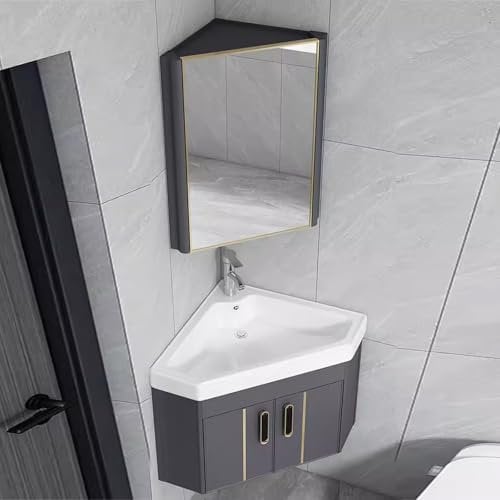 Mobile Bagno con Lavabo, Mobiletto for Bagno con Lavabo In Ceramica, Lavandini Ad Angolo E Mobile a Specchio, Lavabo Combinato for Bagno con Rubinetto E Scarico for Piccoli Spazi(Grigio,43*43*42 cm)