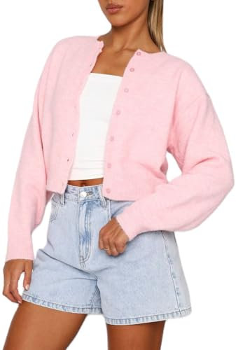 Siyova Women's Cardigans Knitted Long Sleeve Button Down Lightweight Soft Cardigan Sweater Solid Color Crew Neck Knit Tops for Autumn Winter Spring (Pink, L)