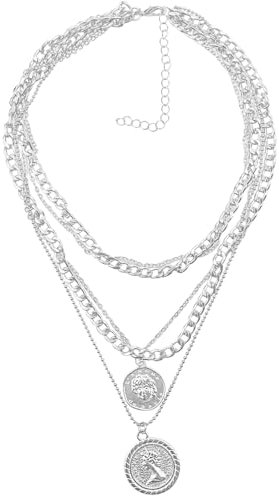 Qusmeiyici Punk Chunky Chain Necklace, Layered Cuban Link Chain, Hip Hop Pendant, Carved Coin Pendant, Vintage Thick Choker Jewelry for Women & Men (Silver)