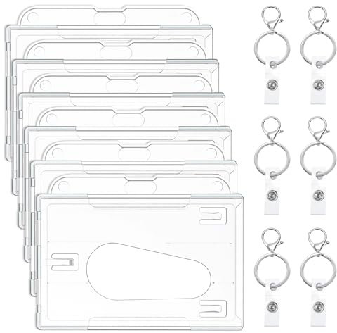 VINEST ID Card Holders Horizontal, 6Pcs Hard Plastic ID Badge Holder with Keyring, Clear Plastic ID Card Holder with 2 Card Slots, for Office School IDs Credit Cards