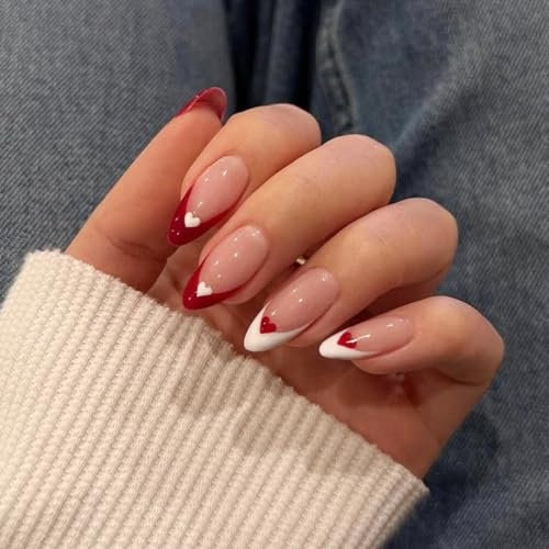 Valentine False Nails Almond, SXVE White Red French Tip Press On Nails Medium With Heart Desgin Full Cover Nude Fake Nails Press ons Valentine Glue On Nails Stick on Nails For Women 24 Pcs
