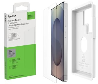 Belkin ScreenForce InvisiGlass Panzerglas für Samsung Galaxy S25 Ultra, antimikrobielle kratzfeste Displayschutzfolie mit tablett für blasenfreies Anbringen - Recyceltes Glas
