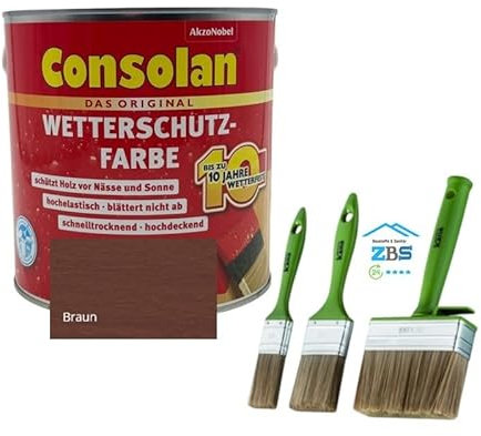 zbs24 Consolan Wetterschutzfarbe hockdeckende Holzfarbe für Aussen, inkl. 3 teiligen Pinselset zur einfachen Verarbeitung der Holzfarbe (braun, 2,5 Liter)